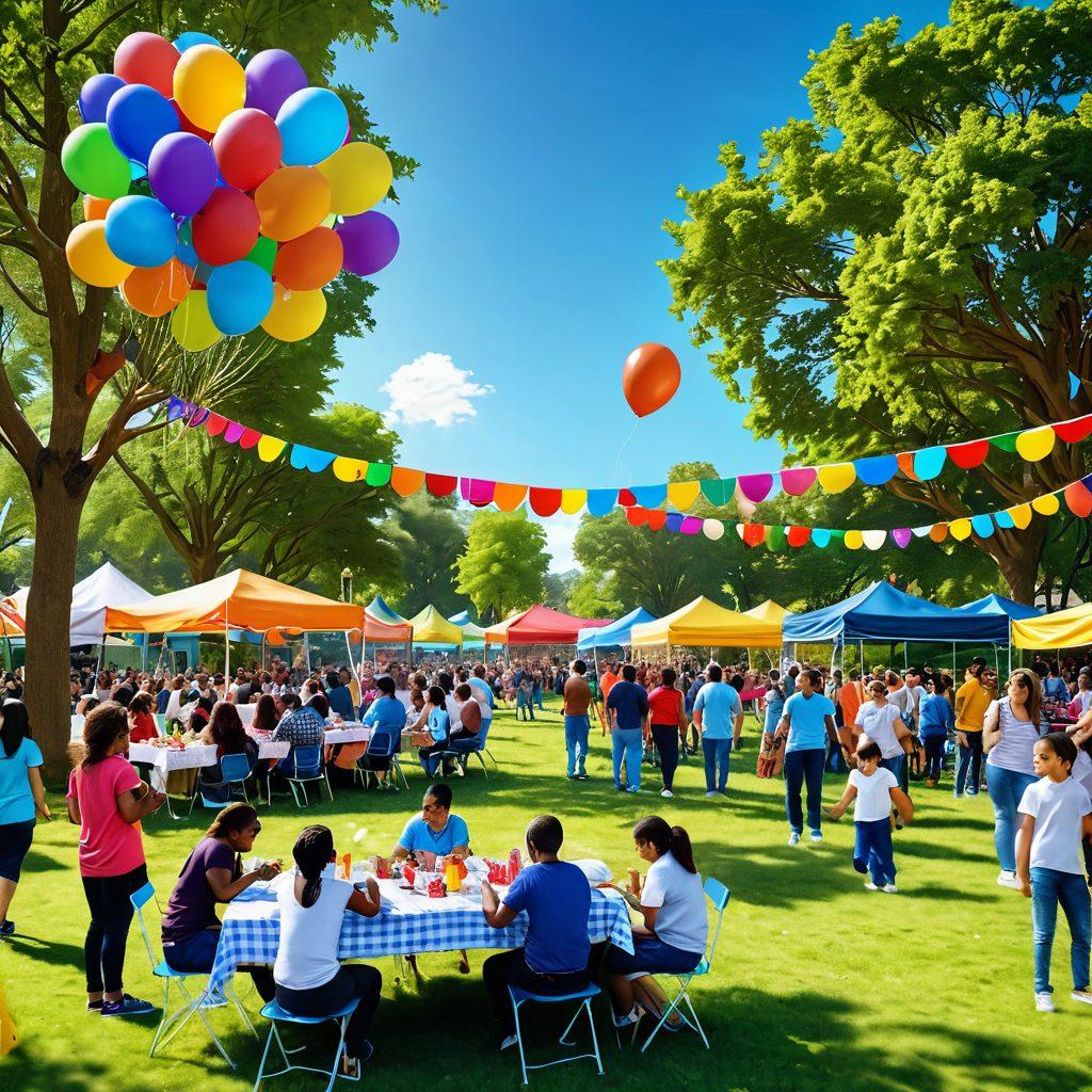 A vibrant community gathering in a park, featuring diverse people of all ages enjoying various activities like games, food stalls, and live music. Colorful balloons and banners decorate the scene, while children play and adults engage in conversation, showcasing a sense of connection and joy. Bright, sunny weather enhances the cheerful atmosphere. super-realistic. vibrant colors. 3D.