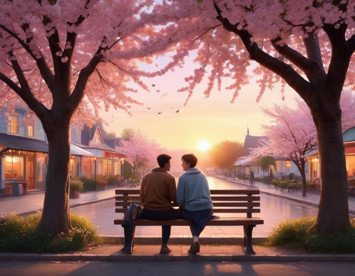 A serene township scene depicting two friends sitting on a park bench under a blooming cherry blossom tree, sharing a laughter-filled moment. In the background, a quaint café with warm lighting and a sunset casting a golden glow over the town. Include subtle heart-shaped elements in the petals, symbolizing the transition from friendship to romance. Illustrate a cozy, inviting atmosphere with soft pastel colors. super-realistic. vibrant colors.