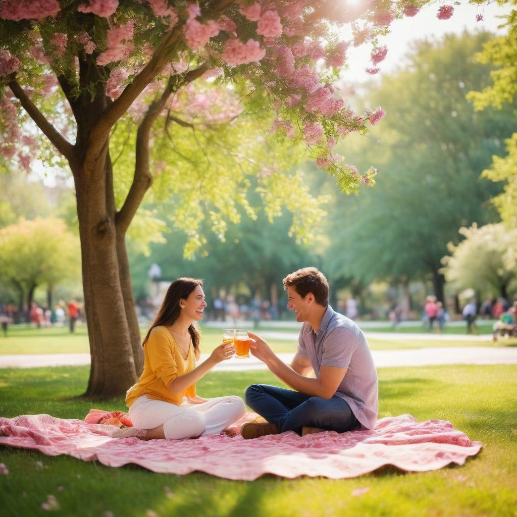 A warm, inviting scene showing a couple enjoying a picnic in a sunlit park, surrounded by blooming flowers and trees, with local landmarks subtly in the background. Include diverse groups of friends sharing laughter and connecting, capturing a sense of community and romance. The ambiance is cozy and cheerful, inviting the viewer to feel the joy of discovering love in their local area. super-realistic. vibrant colors. soft focus.